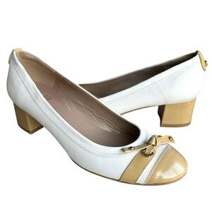 Stuart Weitzman Patent Cap Toe Pumps Bow Detail White Leather